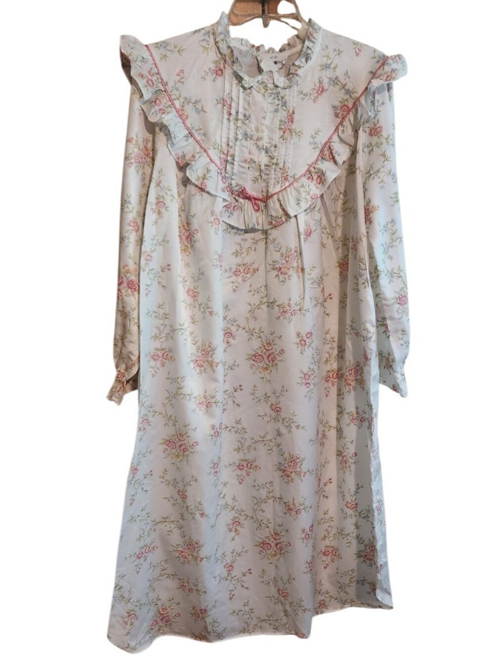 Apostrophe 1980s Sears Cream Long Sleeve Floral Ruffle Nightgown with Pink